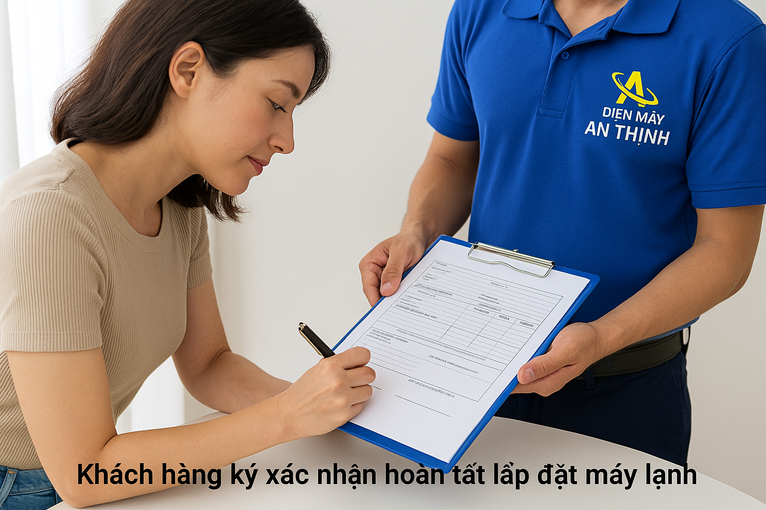 khách hàng ký xác nhận hoàn tất lắp đặt máy lạnh thới an quận 12